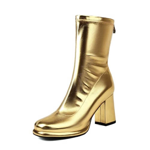 Sfwqoifou Ankle Boots Damen schwarz, Chelsea Boots Damen mit Absatz Kurze Elegante Ankle Stiefel Klassische Leder Zipper Stiefeletten Herbstschuhe Leicht Plateau Schlupfstiefel, Gold, 46 von Sfwqoifou