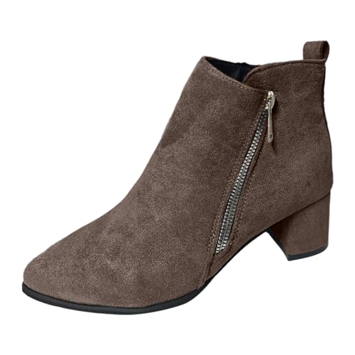 Sfwqoifou Chelsea Boots Damen Leder 39, Ankle Boots Damen mit Absatz Plateau Herbstschuhe Stiefeletten Leder Leicht Stiefel Schlupfstiefel Zipper Kurze Chelsea Klassische Elegante, Khaki, 39 von Sfwqoifou