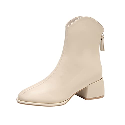 Sfwqoifou Chelsea Boots Damen Leder 41, Chelsea Boots Damen Leder Zipper Kurze Stiefel mit Absatz Klassische Schlupfstiefel Stiefeletten Elegante Plateau Ankle Leicht Herbstschuhe, Beige, 41 von Sfwqoifou