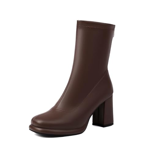 Sfwqoifou Chelsea Boots Damen schwarz Plateau, Chelsea Boots Damen mit Absatz Kurze Elegante Ankle Stiefel Klassische Leder Zipper Stiefeletten Herbstschuhe Leicht Plateau Schlupfstiefel, Braun, 38 von Sfwqoifou