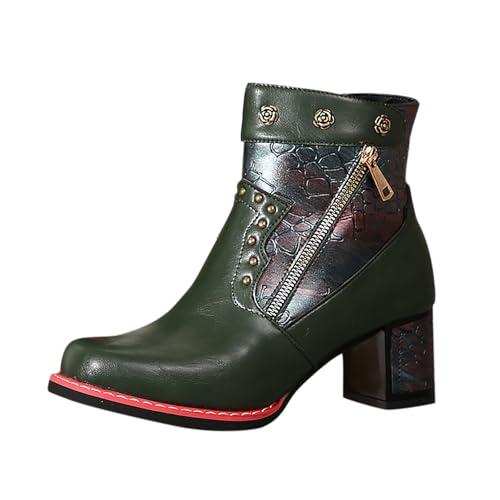 Sfwqoifou Herbstschuhe Damen 38, Ankle Boots Damen mit Absatz Leder Chelsea Herbstschuhe Zipper Kurze Stiefel Leicht Klassische Schlupfstiefel Stiefeletten Plateau Elegante, Armeegrün, 38 von Sfwqoifou