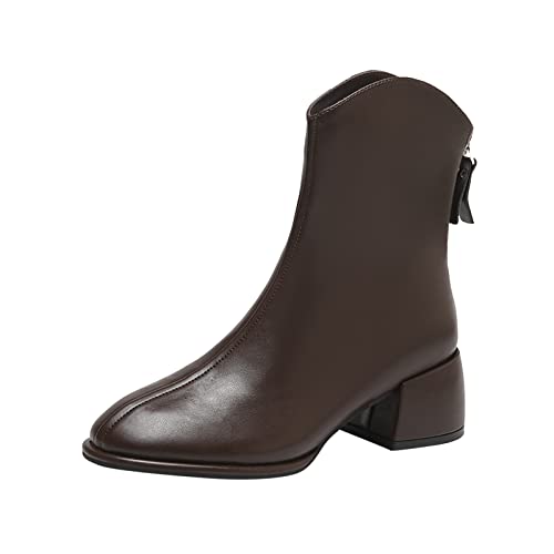 Sfwqoifou Herbstschuhe Damen 40, Chelsea Boots Damen Leder Zipper Kurze Stiefel mit Absatz Klassische Schlupfstiefel Stiefeletten Elegante Plateau Ankle Leicht Herbstschuhe, Braun, 40 von Sfwqoifou