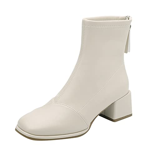 Sfwqoifou Herbstschuhe Damen 40, Chelsea Boots Damen mit Absatz Leicht Schlupfstiefel Plateau Zipper Stiefeletten Herbstschuhe Klassische Leder Ankle Kurze Elegante Stiefel, Beige, 40 von Sfwqoifou