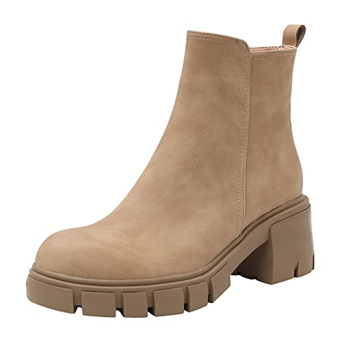 Sfwqoifou Schuhe Damen Herbstschuhe, Stiefeletten Damen Leder Kurze Plateau Stiefel Boots Leicht Chelsea Zipper Klassische Herbstschuhe Schlupfstiefel Elegante mit Absatz Ankle, Khaki, 38 von Sfwqoifou