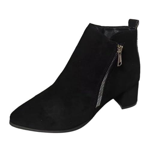 Sfwqoifou Schwarze Schuhe Damen, Ankle Boots Damen mit Absatz Plateau Herbstschuhe Stiefeletten Leder Leicht Stiefel Schlupfstiefel Zipper Kurze Chelsea Klassische Elegante, Schwarz, 37 von Sfwqoifou