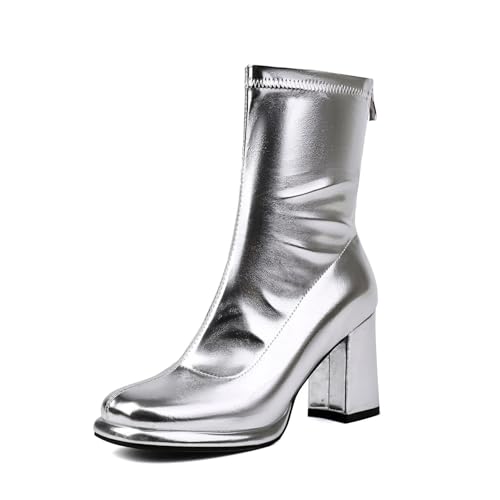 Sfwqoifou Stiefeletten Damen Sommer, Chelsea Boots Damen mit Absatz Kurze Elegante Ankle Stiefel Klassische Leder Zipper Stiefeletten Herbstschuhe Leicht Plateau Schlupfstiefel, Silber, 38 von Sfwqoifou