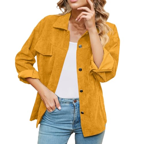 Sfwqoifou cordjacke damen lang, Cordhemd Damen Herbst mit Tasche Button Down Sweatjacke Leichte Langarm Herbstjacke Übergangsjacke Dünne Casual Cordjacke Sommerjacke Oversize Cord Jacke, Gelb, L von Sfwqoifou