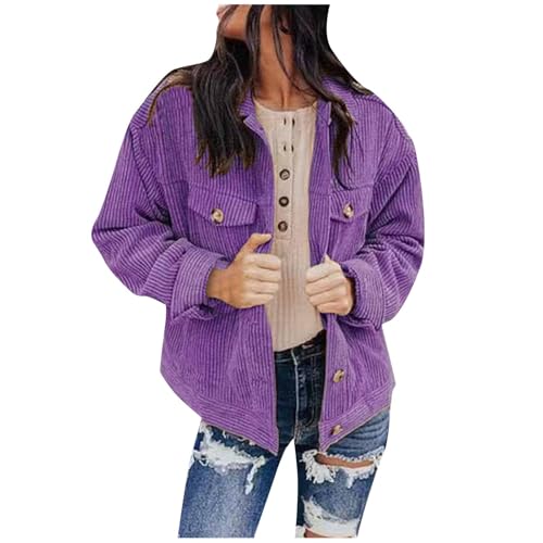 Sfwqoifou damen jacke, Cordjacke Damen Herbst Casual Sommerjacke Bomberjacke mit Tasche Dünne Herbstjacke Oberteile Langarm Leichte Cordhemd Übergangsjacke Oversize Button Down Sweatjacke, Lila, M von Sfwqoifou