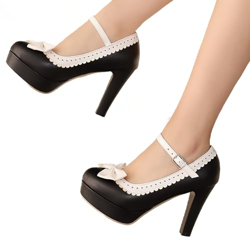 hohe schuhe damen schwarz offen, Trachtenschuhe Damen Blockabsatz Elegant Dirndl Absatzschuhe High Heels Britischer Stil Lederschuhe Vintage Party Schuhe Oktoberfest Hackenschuhe, Schwarz, 38 von Sfwqoifou