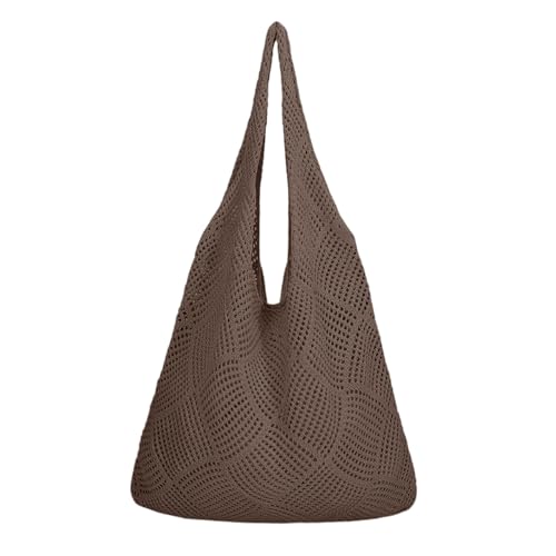 kleine strandtasche damen, Sommertaschen Damen Gestrickte Netz Strandbeutel Strand Stroh Schultertasche Strohtaschen Boho Vintage Strandtasche Tragetaschen Sommer Häkeltasche, Kaffee, One Size von Sfwqoifou