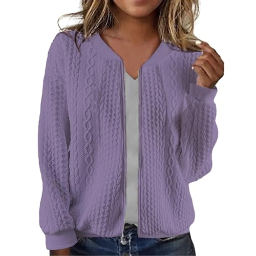 kurze taillierte bomberjacke damen xs, Bomberjacke Damen Leichte Kurze Übergangsjacke Reißverschluss Langarm College Jacke Casual Dünne Sweatjacke Pilotenjacke Elegant Einfarbig Freizeitjacke, Lila, L von Sfwqoifou