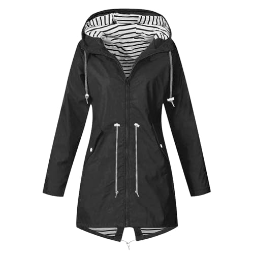 regenjacke damen schwarz, Regenjacke Damen Wasserdicht Fahrrad Wandern Sommerjacke ​windjacke Lang mit Kapuze Sportjacke Übergangsjacke Atmungsaktiv Leicht Outdoorjacke Regenmantel, Schwarz, XXL von Sfwqoifou