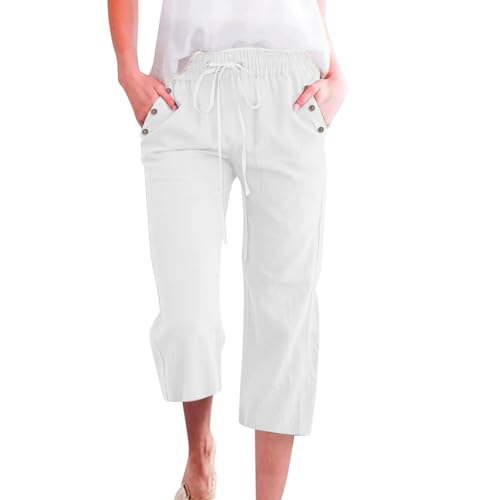 sommerhose damen leicht 7/8 stretch, Sommerhose Damen Leicht Sommer Casual Caprihose Wanderhose mit Taschen Bequem Freizeithose Freizeit Jogginghose Hose Outdoor Dreiviertel Sporthose, Weiß, L von Sfwqoifou