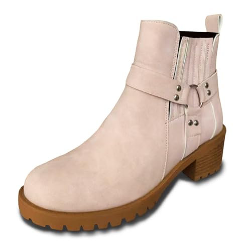 stiefeletten damen schwarz mit absatz, Ankle Boots Damen Leder Kurze mit Absatz Stiefeletten Zipper Stiefel Elegante Plateau Herbstschuhe Chelsea Leicht Klassische Schlupfstiefel, Hellrosa, 38 von Sfwqoifou
