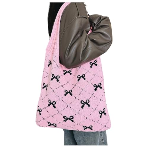 strandtasche damen groß, Sommer Tasche Damen Strand Netz Umhängetasche Strandtasche Vintage Stroh Strohtaschen Tragetaschen Boho Gestrickte Häkeltasche Strandbeutel Party Handtasche, Rosa, One Size von Sfwqoifou