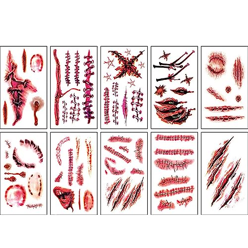 10 Blätter Halloween Tattoo Gesicht,Halloween Schminke Narben Sticker,Wunden Tattoo Vampir Kostüm Damen Cosplay Halloweens Temporäre Tattoos Accessoires für Erwachsene und Kinder Geschenke von Sgehenr