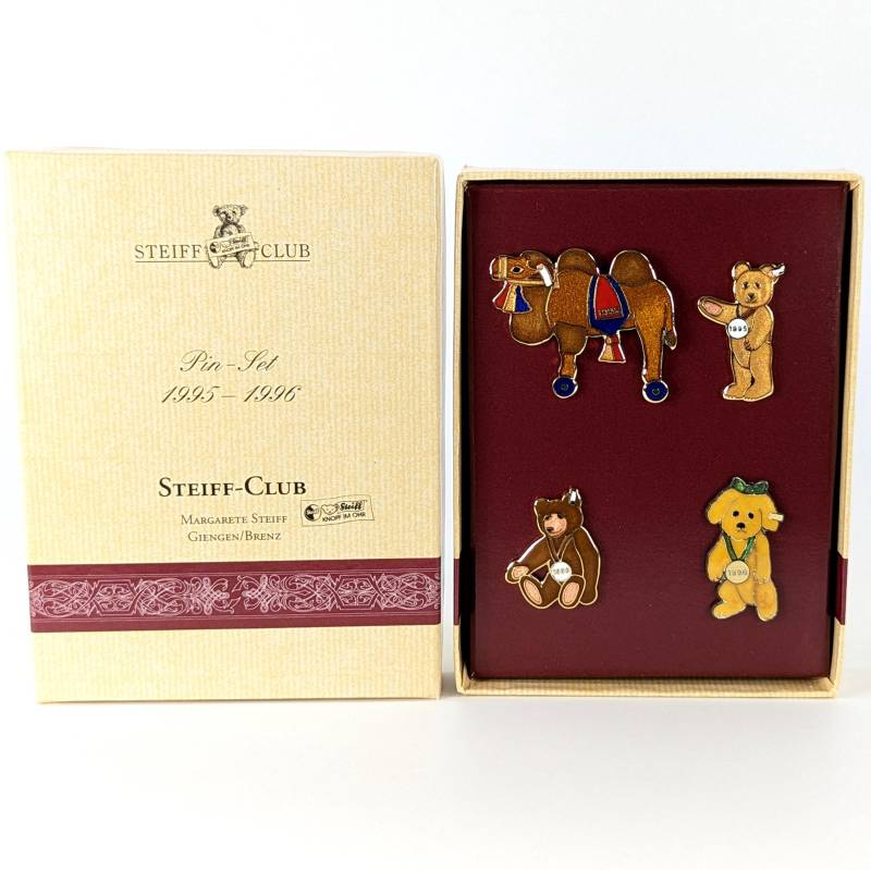 steiff Teddybär Anstecknadel Set Mib 4 Kleine Glasierte Emaille Tierbroschen Vintage 1995 Bis 1996 von ShabbyGoesLucky