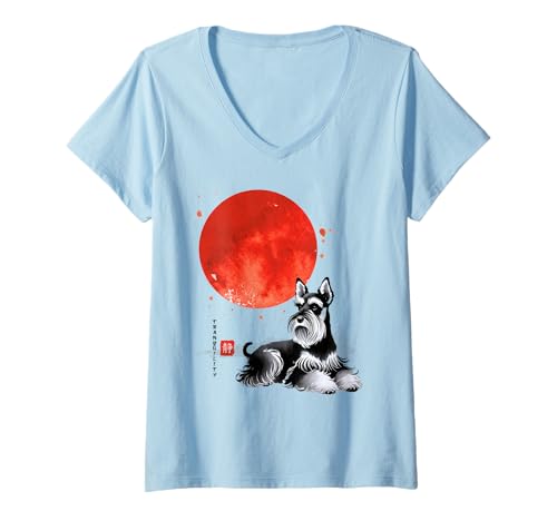 Damen Schnauzer Hund Japanisches Sumi-e Rote Sonne Zen T-Shirt mit V-Ausschnitt von Shadoori Fashion | Geschenke Hundeliebhaber