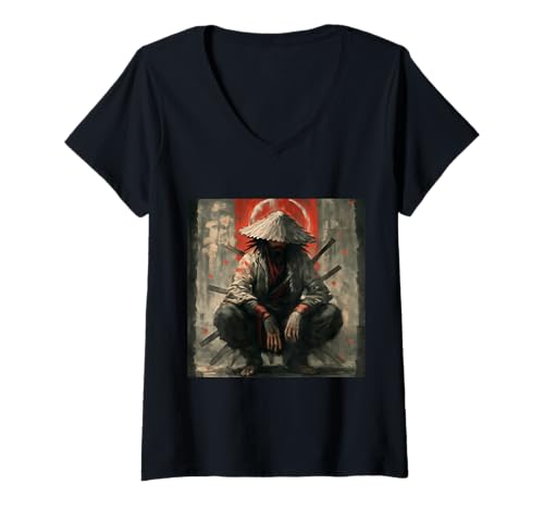 Damen Epischer Samurai-Krieger mit Schwertern Dark Art Style T-Shirt mit V-Ausschnitt Damen Epischer Samurai-Krieger mit Schwertern Dark Art Style T-Shirt mit V-Ausschnitt von Shadow Blade Collective