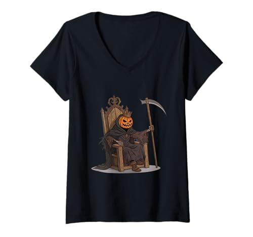 Damen Kürbiskönig Skelett Reaper Dark Thron Halloween Art T-Shirt mit V-Ausschnitt Damen Kürbiskönig Skelett Reaper Dark Thron Halloween Art T-Shirt mit V-Ausschnitt von Shadow Crown Artworks
