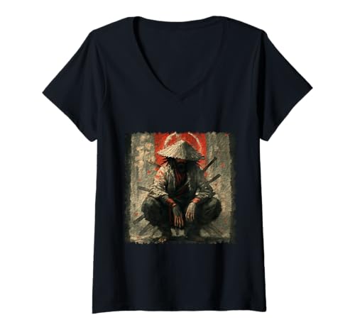 Damen Geheimnisvoller Samurai-Krieger im abgenutzten Grunge-Kunststil T-Shirt mit V-Ausschnitt von Shadow Ember Studio