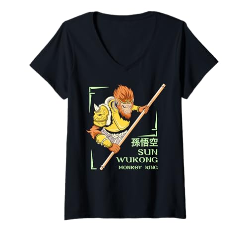 Damen Sun Wukong - Dunkles Fantasy-Fabelwesen T-Shirt mit V-Ausschnitt Damen Sun Wukong - Dunkles Fantasy-Fabelwesen T-Shirt mit V-Ausschnitt von Shadow Realms Design Co