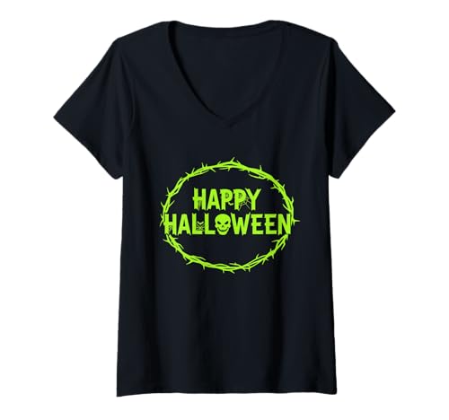 Damen Fröhlicher Halloween-Totenkopf-Dornkreis T-Shirt mit V-Ausschnitt Damen Fröhlicher Halloween-Totenkopf-Dornkreis T-Shirt mit V-Ausschnitt von Shadow Season Tees
