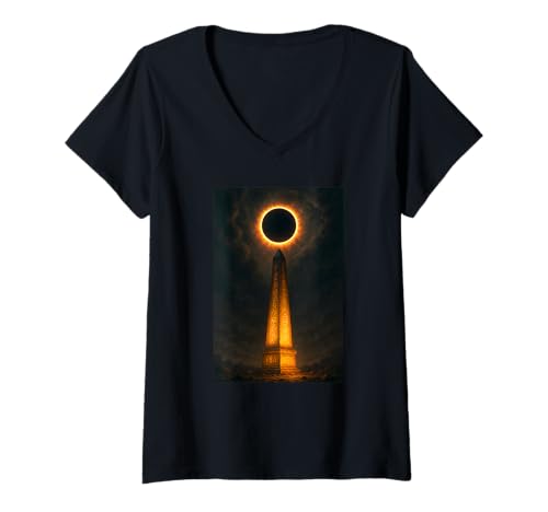 Damen Obelisk unter Sonnenfinsternis Dramatische Fantasie-Landschaftskunst T-Shirt mit V-Ausschnitt Damen Obelisk unter Sonnenfinsternis Dramatische Fantasie-Landschaftskunst T-Shirt mit V-Ausschnitt von Shadow Spire