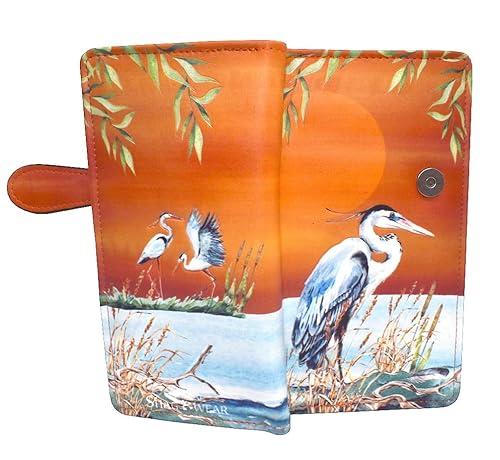 Shag Wear Blue Heron with Sunset Large Nature Wallet for Women and Teen Girls Vegan Faux Leather Orange 17.8 cm, Orange/Abendrot im Zickzackmuster (Sunset Chevron), Large, Modern von Shag Wear
