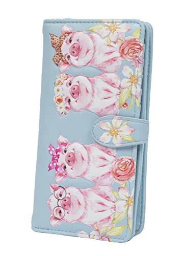 Shag Wear Damen Premium Vegan Clutch Kartenhalter Reißverschluss Geldbörse Geldbörse mit hübschen Tiermotiven, Piggies at the Market, Blau, Large, Modern von Shag Wear