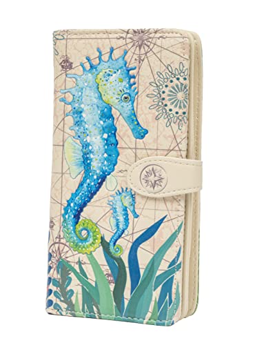 Shag Wear Damen Premium Vegan Clutch Kartenhalter Reißverschluss Geldbörse Geldbörse mit hübschen Tiermotiven, Seepferdchen, Beige, Large, Modern von Shag Wear
