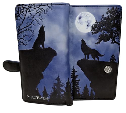 Shag Wear Misty Sky Full Moon Lone Wolf Large Wallet for Women and Teen Girls Vegan Faux Leather Blue 17.8 cm von Shag Wear