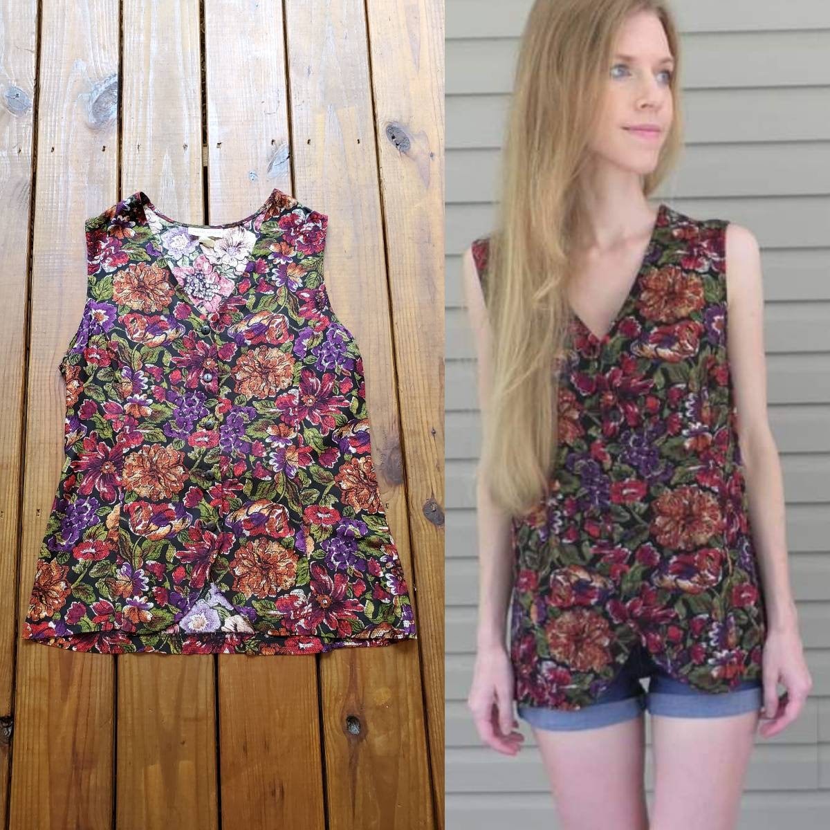 Kenneth Mitchell Größe Große Vintage 80Er 90Er Jahre Juwel Ton Lila, Orange, Rot Floral Knöpfe Rücken Ärmellose Bluse Tank Top von ShaggyMothVintage