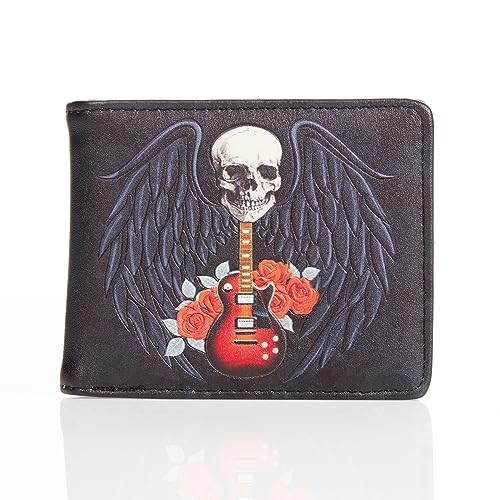 SHAGWEAR Herren Geldbörse Portemonnaie Geldbeutel - Münzfach mit Reissverschluss - Männer Brieftasche Querformat - Designs: Totenkopf-Gitarre von Shag Wear