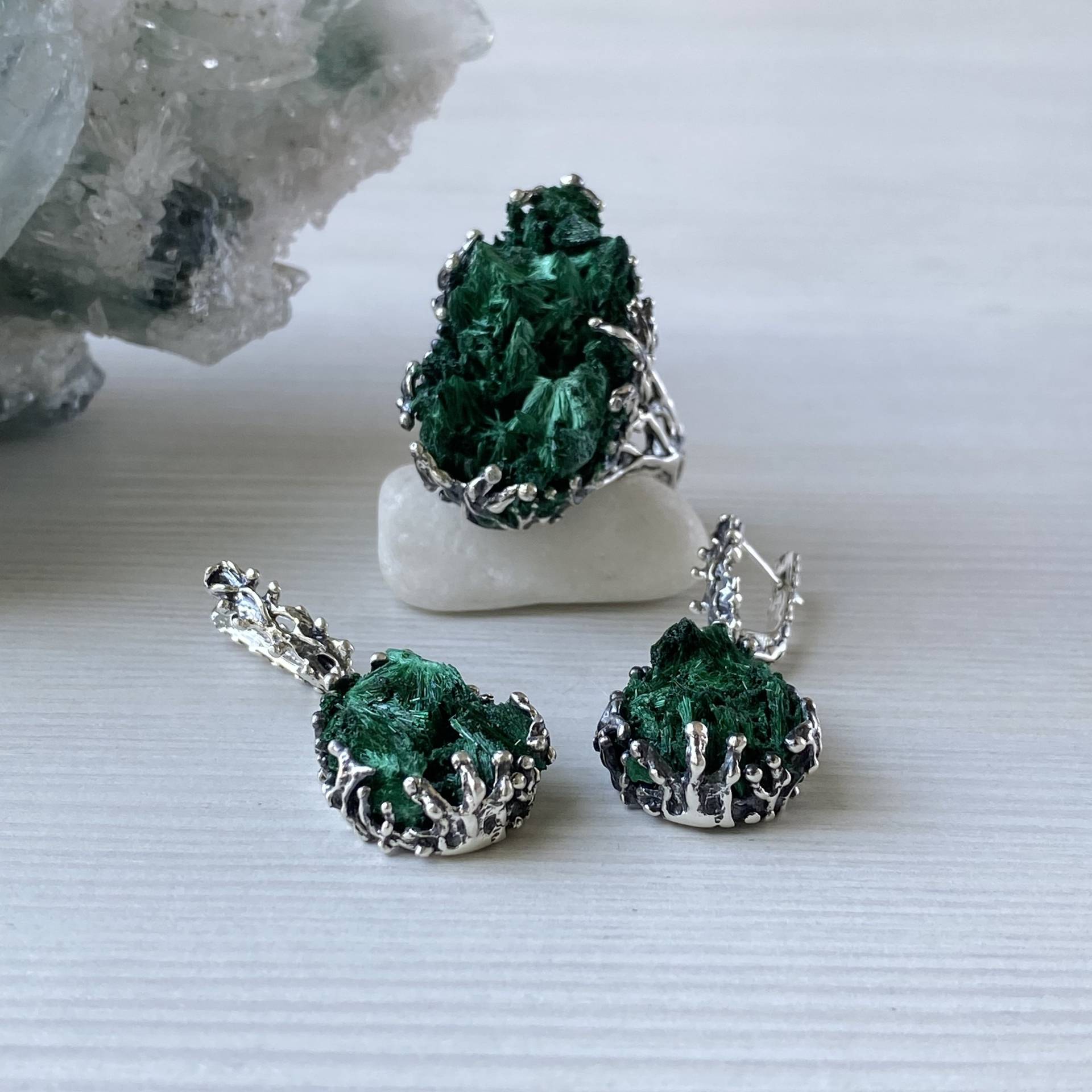 Baum Zweig Schmuck Set, Sterling Silber Grüner Malachit Schmuck, Ring, Roher Ohrringe, Druzy Stein Für Frauen von ShahinianJewelry