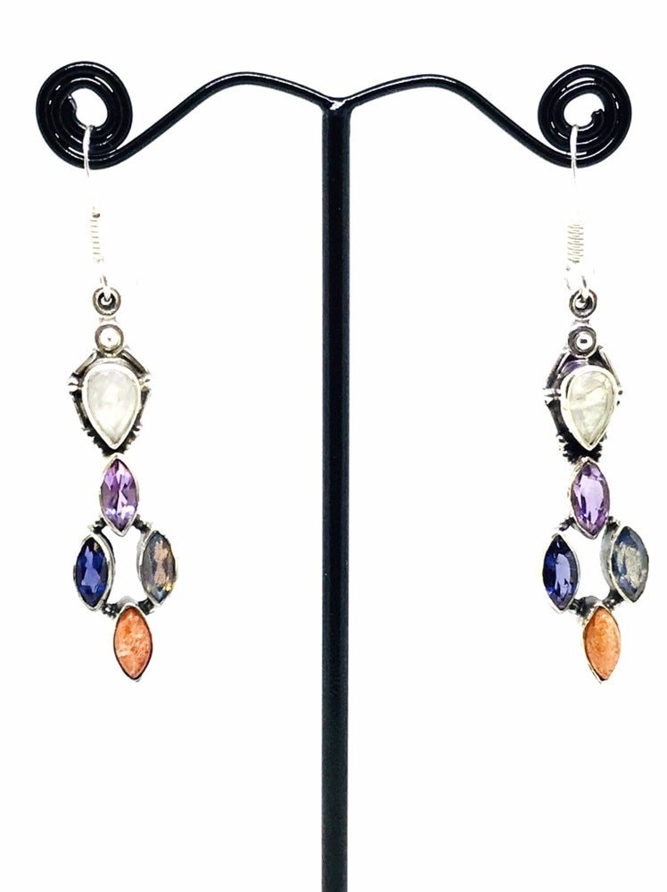Natürlicher Mondstein, Sonnenstein, Iolith, Labradorit, Amethyst, Multi - Stone, Ohrringe, Sterling Silber, Statement, Baumeln, Tropfen Ohrringe von ShailJewels