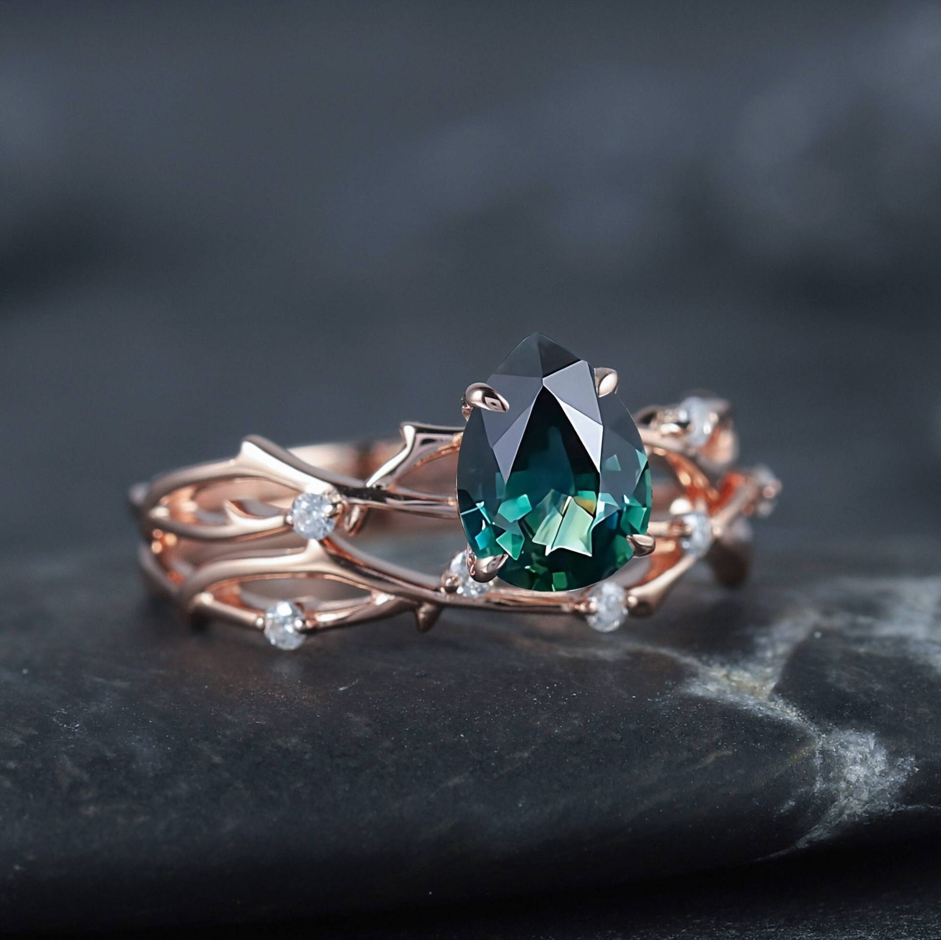 Vintage Pear Cut Teal Saphir Und Diamant Verlobungsring Set 18K Rose Gold Moissanite Zweig Twisted Ehering Braut Für Frauen von ShainGem