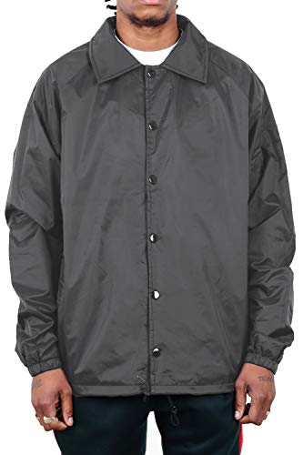 Shaka Wear Herren Coach Jacke - Classic Windbreaker Nylon Wasserbeständigkeit Relaxed Fit Snaps Blank Coat - Grau - Large von Shaka Wear