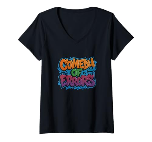 Damen Distressed Comedy Errors Shakespeare-Titel Humorvolle Grafitti T-Shirt mit V-Ausschnitt von Shakespearean Quotes Apparel