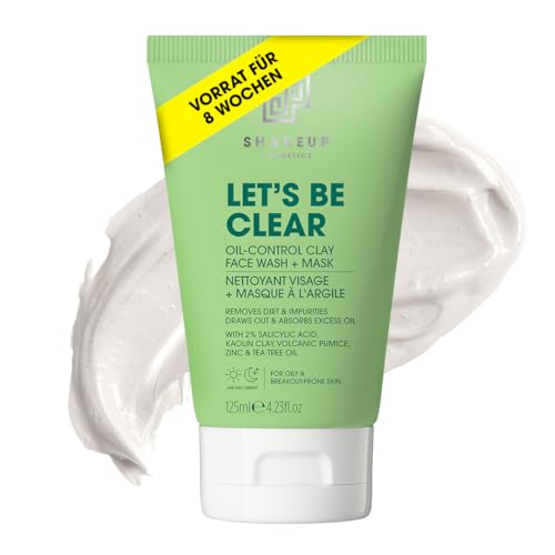 Shakeup - 2-in-1 Herren Gesichtsreinigung + Tonmaske, Ölkontrolle, klärend mit vulkanischem Pumstein, Teebaumöl, 2% Salicylsäure, vegane Hautpflege, 125ml von Shakeup Cosmetics