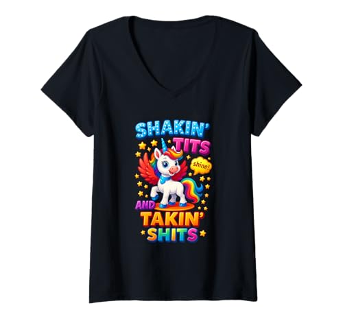 Damen Shakin' Tits And Takin' Sh ts Play World Unicorn Humor für Erwachsene T-Shirt mit V-Ausschnitt Damen Shakin' Tits And Takin' Sh ts Play World Unicorn Humor für Erwachsene T-Shirt mit V-Ausschnitt von Shakin' Tits And Takin' Sh ts Play Word Unicorn