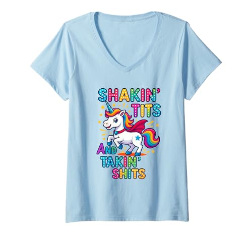 Damen Shakin' Tits and Takin Shits Lustiges Einhorn Dirty Adult Humor T-Shirt mit V-Ausschnitt Damen Shakin' Tits and Takin Shits Lustiges Einhorn Dirty Adult Humor T-Shirt mit V-Ausschnitt von Shakin' Tits and Takin' Shits Funny Adult Humor