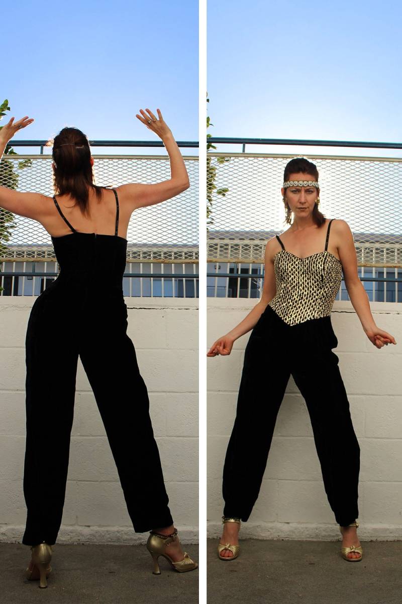 1980 90S Vintage Gunne Sax Jumpsuit // Samt Und Pailletten Für Den Urlaub Schwarz Gold Weiß Spaghettiträger Größe Sm Med von ShalimarVintage