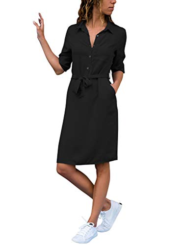 Damen Casuel Hemdkleid Knielang Button Down V-Ausschnitt Blusenkleid Shirt Kleid 3/4 Hülse Kragen Shift Lose Kleid Einfarbig AbendkleidMit Gürtel Schwarz DE 46 von ShallGood