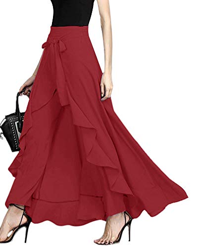 ShallGood Damen Sommer Elegant Hosenrock Mode Hohe Taille Einfarbig Irregular Rüschen Freizeithose Yogahose Partykleid Lang Rot X-Large von ShallGood