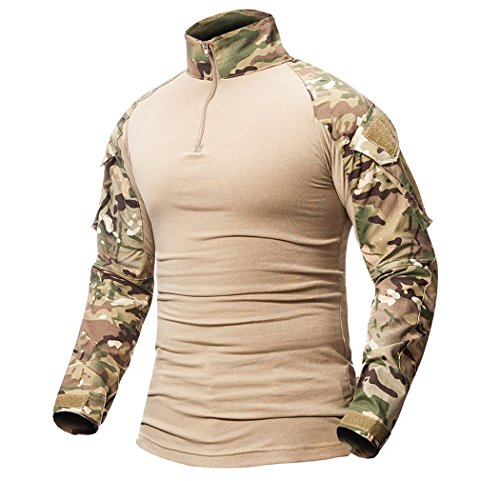 ShallGood Herren-Hemden, Kampf, Militär, Airsoft, BDU, Shirt, Outfit, Camouflage, Uniform, taktisch, schnell trocknend, mit Taschen, Ellbogenschützer, Langarm-Hemd, Multicam, C Khaki., XXL von ShallGood