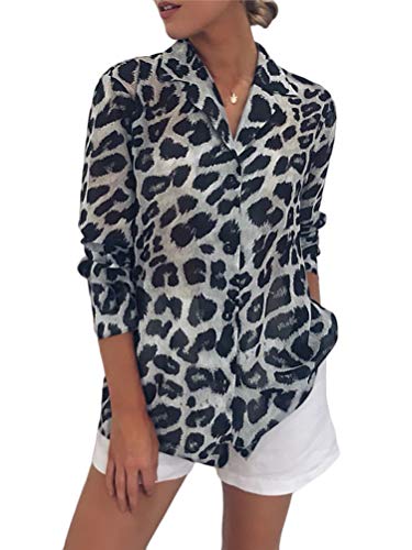 ShallGood Damen Bluse Leopardenmuster Hemd V Ausschnitt Button Down Shirt Kragen Langarmshirt Mode Oberteile Top Z Grau 42 von ShallGood