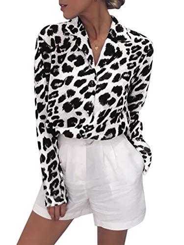 ShallGood Damen Bluse Leopardenmuster Hemd V Ausschnitt Button Down Shirt Kragen Langarmshirt Mode Oberteile Top Z Weiß 44 von ShallGood