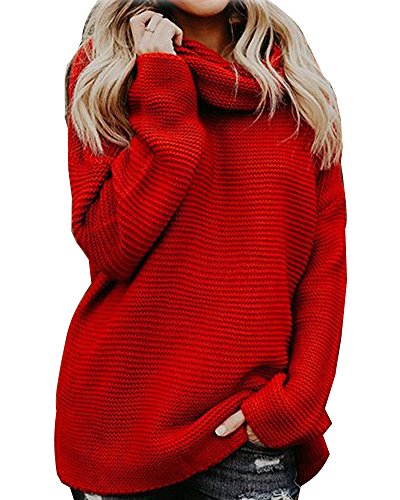 ShallGood Damen Casual Rollkragen Langarm Pullover Strickpullover Einfarbig Jumper OL Strick Pullis Grobstrick Casual Sweater Warm Winter Herbst (46, Rot) von ShallGood