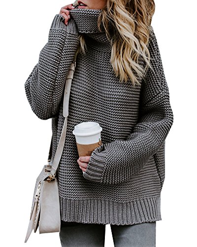 ShallGood Damen Casual Rollkragen Langarm Pullover Strickpullover Einfarbig Jumper OL Strick Pullis Grobstrick Casual Sweater Warm Winter Herbst Grau DE 46 von ShallGood